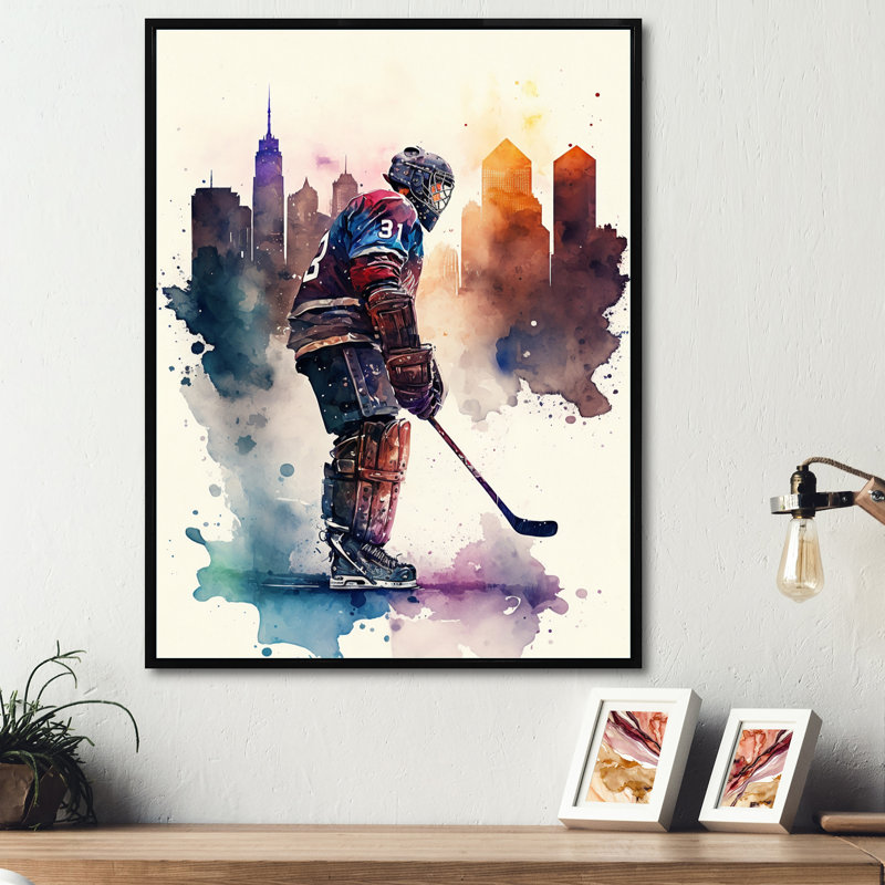Joueur de hockey devant le paysage urbain I - Impression sur toile, H 20 po x l 12 po x P 1 po