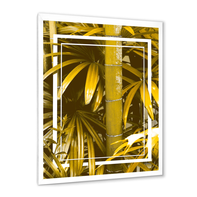 Bambou jaune et feuilles tropicales - Impression sur toile, H 32 po x l 16 po x P 1 po, Cadre photo blanc