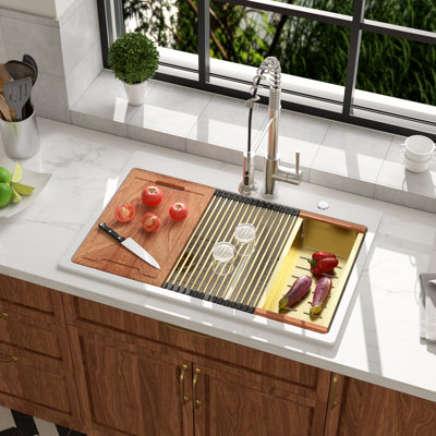 33" L x 22" W Double Bowl Rectangular Drop-In Workstation Quartz Kitchen Sink 60/40 Low-divider Granite Composite Sink