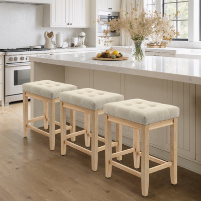 24" Hand-Brushed Wood Backless Counter Height Bar Stools Mid-Century Farmhouse Short Stools