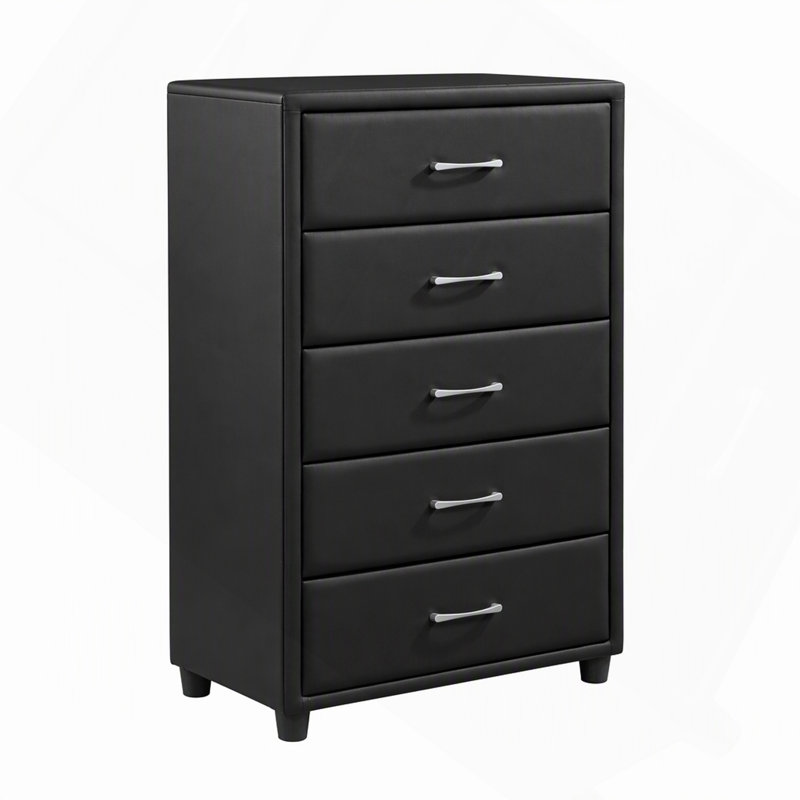 Commode à 5 tiroirs revêtue de similicuir avec poignées argentées, style contemporain, couleur noire.