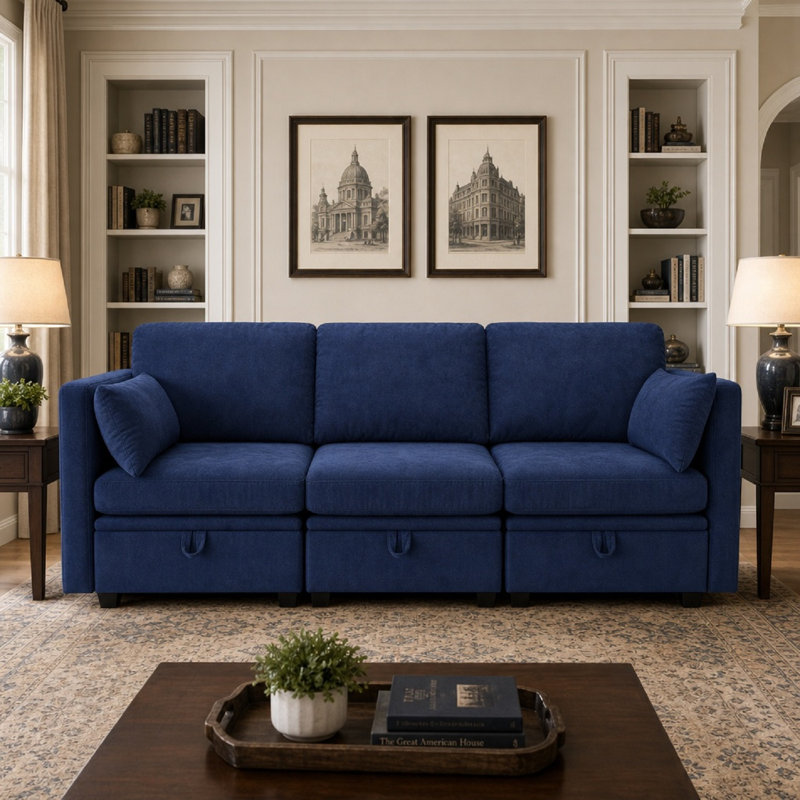 Canapé modulaire avec rangement sous le siège, accoudoirs et dossier réglables (canapé 3 pièces), Bleu très foncé