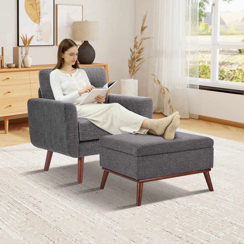 Ensemble de salon rembourré en lin avec repose-pieds et rangement, Gris