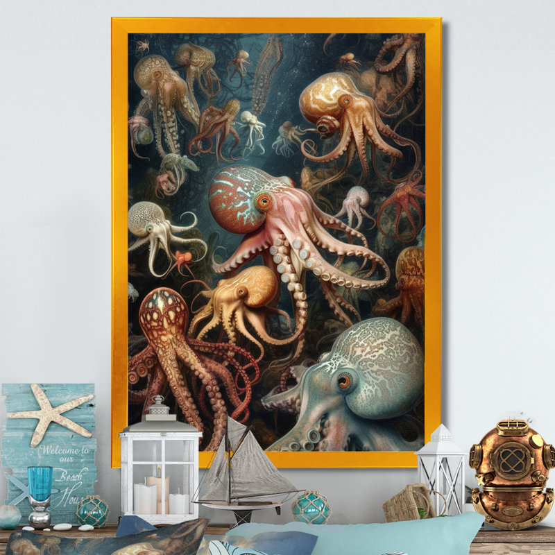 Beaucoup de calamars - animaux, pieuvre, art mural, salon, H 40 po x l 30 po x P 1,5 po, Encadrement doré