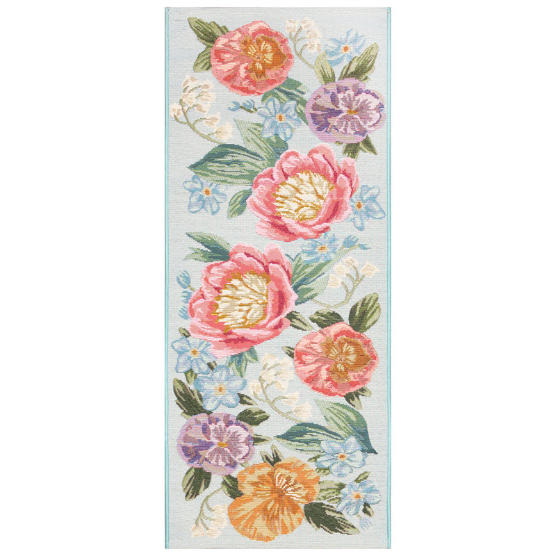 Andreane Floral Synthetic Non-Skid Kitchen Mat, Lt Blue, Runner 1'9" x 4'9"
