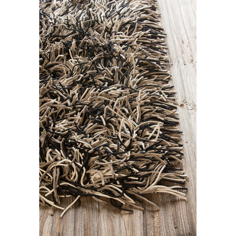Cyrah Handmade Shag Abstract Black/Brown/Cream Area Rug, Rectangle 9' x 13'