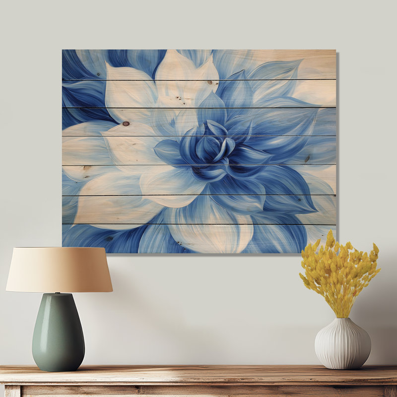 Velours bleu fleurs de cactus I - décoration murale traditionnelle en bois sur bois de pin naturel