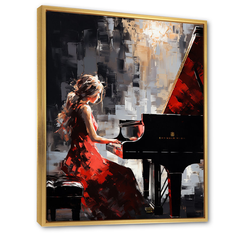 «Wum Black Red Music Piano Harmony», reproduction sur toile, H 44 po x l 34 po x P 1,5 po, Cadre flottant doré
