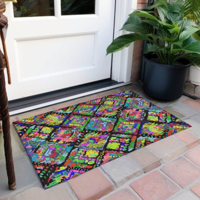 Machine Washable Indoor/Outdoor Christain ACN1327 Black Rug