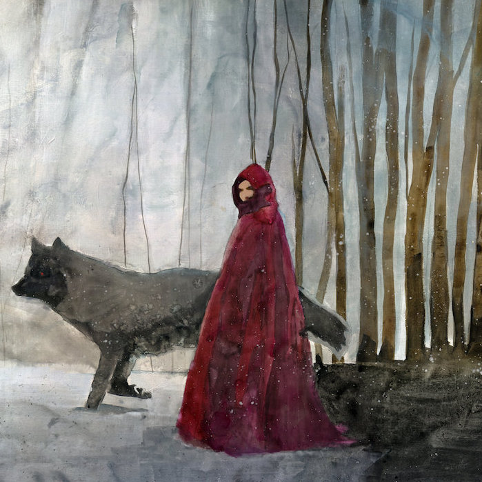 « va à la maison de la grand-mère », peinture sur toile tendue, H 16 po x l 16 po x P 1 po, Papier d'art encadré noir, Blanc