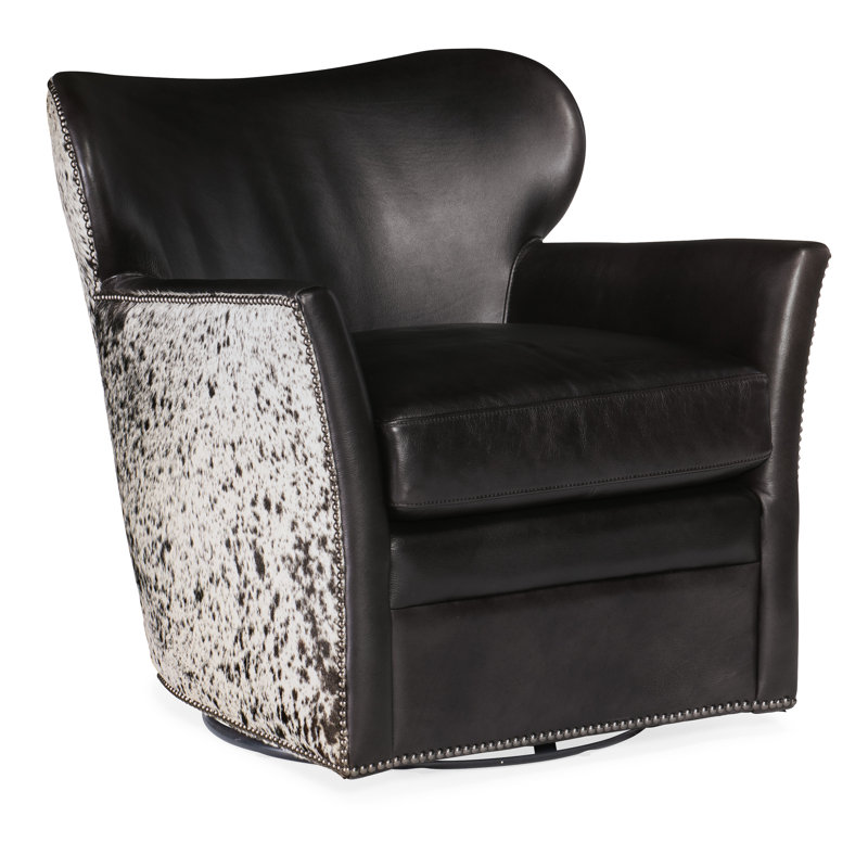  CC Genuine Leather Swivel Club Chair, Black/White Genuine Leather