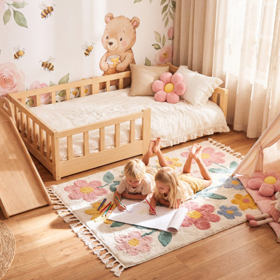 Lit Montessori en pin massif pour tout-petits, cadre de lit bas pour enfants avec barrières de sécurité complètes pour chambre de garçon ou de fille