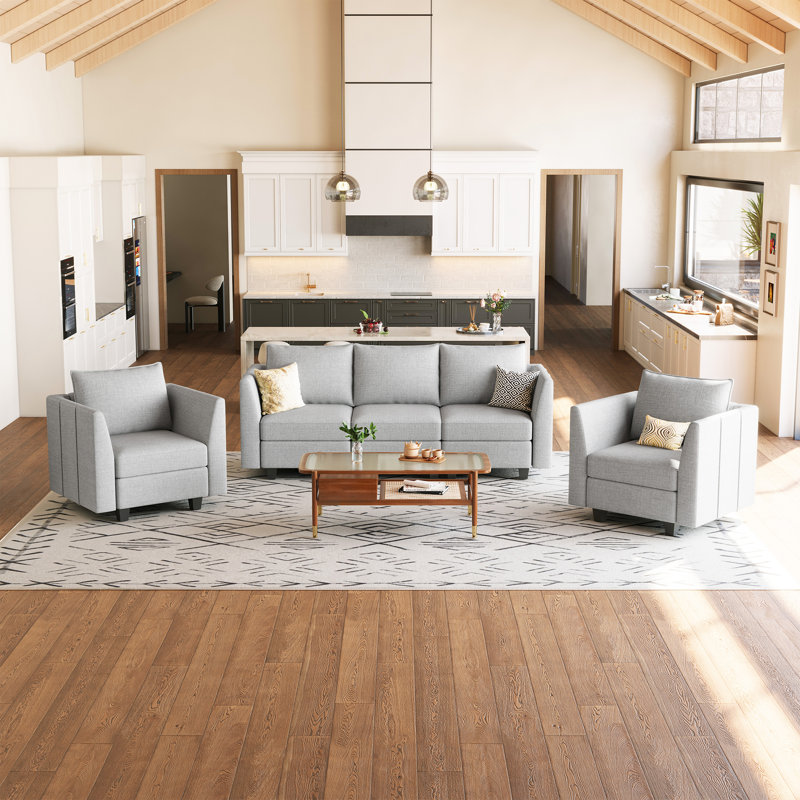 Ensemble de canapé modulaire en chenille avec siège de rangement 3 pièces Aurora, Gris