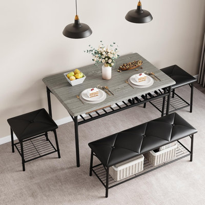 Table de salle à manger avec bancs, ensemble de table de cuisine pour 4 personnes, ensemble de table de salle à manger avec banc rembourré et tabourets carrés, ensemble de table de salle à manger en métal et bois pour 4 avec rangement pour petit esp