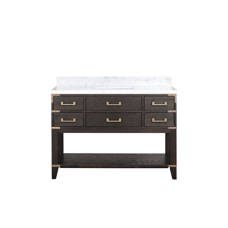 Single Bath Vanity with Carrara Marble Top, Brown Oak