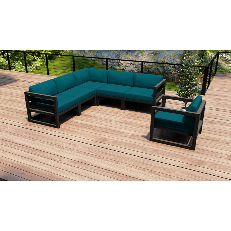 Avion 6 Piece Sectional Set - Black, Spectrum Peacock Sunbrella® Plainweave, Slate