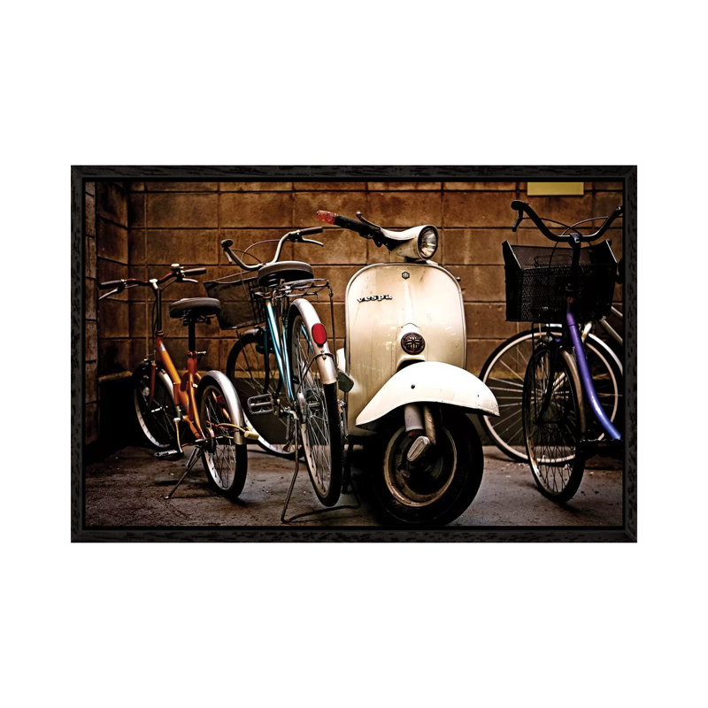 Vespa With Bikes - Print on Canvas, Black Framed, 66.04 cm H x 45.72 cm W