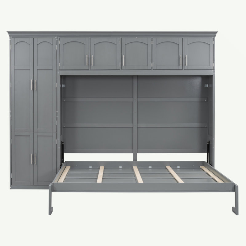 Queen Murphy Bed with Storage Cabinets and Shelves, Gray
