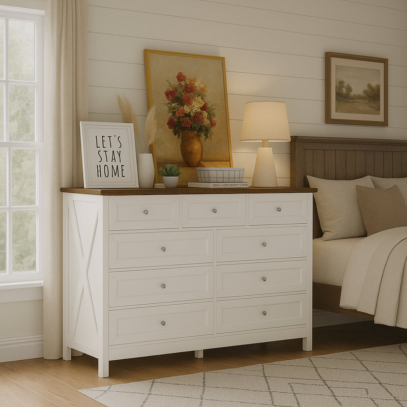 Commode à 9 tiroirs l 55,05 po, Blanc