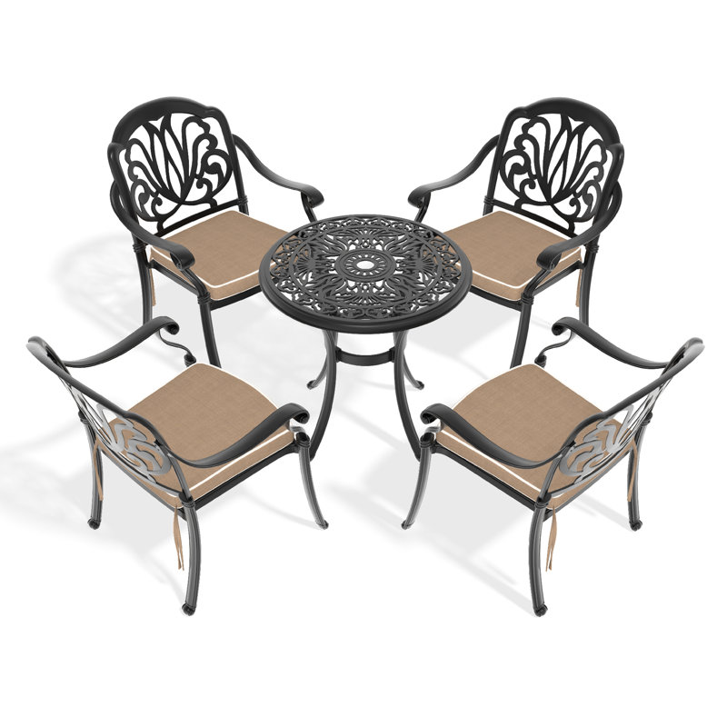 Ensemble de conversation d'extérieur en fonte d'aluminium 5 avec structure noire et coussins de siège résilient - Coussins