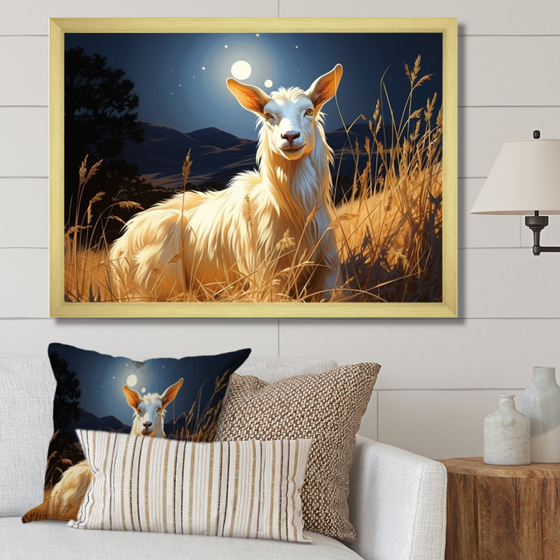 «White Caprine Goat Charm Meadows I», art mural animal de chèvre, Cadre flottant blanc, H 12 po x l 20 po x P 1 po
