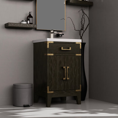 33,71 po Grand meuble-lavabo en chêne brun avec comptoir en acrylique - unité de rangement surélevée H avec miroir inclus