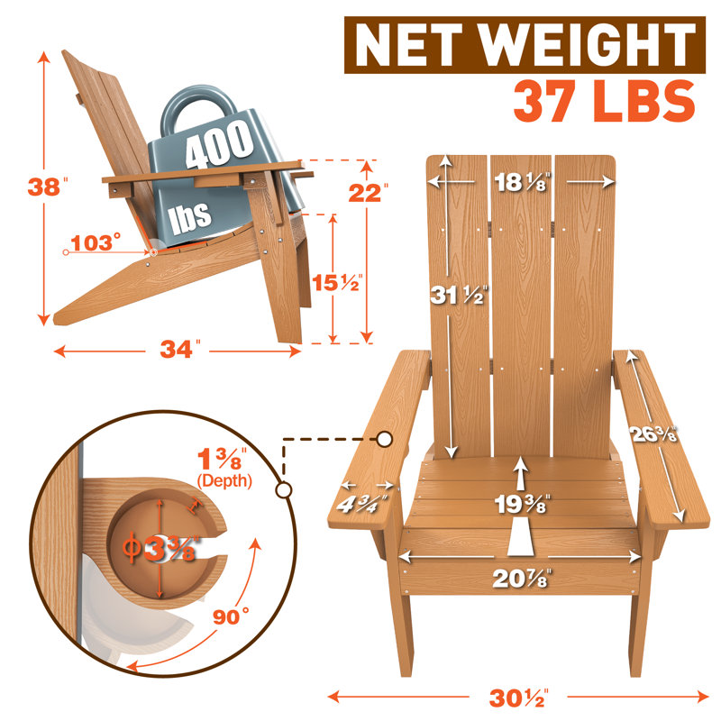 Teak Brown Plastic Adirondack Chairs with Cup Holder, Set of 4