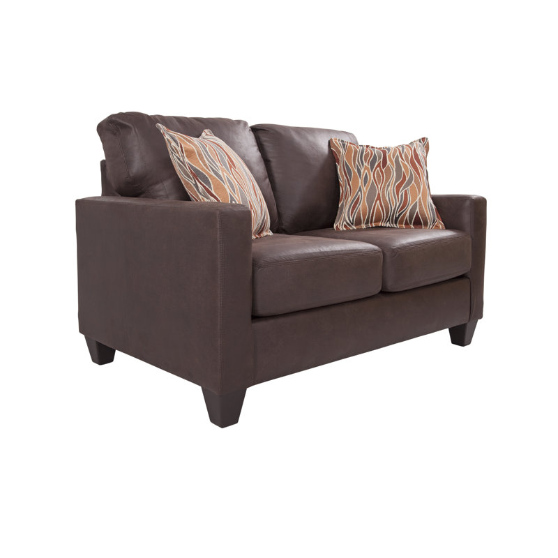 Brown Faux Leather Track Arm Loveseat with Removable Cushions
