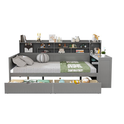 Wooden Full Size Daybed With Storage Shelves, Multi-Functional Bed With Two Storage Drawers And  Study Desk, Gray