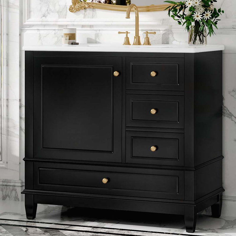 Meuble-lavabo 36 po avec lavabo en céramique, Noir et or