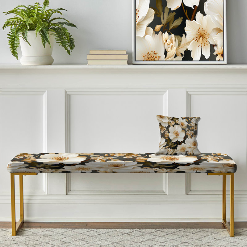 White Playful Flower Enchantment - Floral Upholstered Gold Bench
