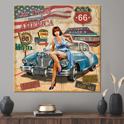 Old Car Canvas Art, Tin Car Art, Woman With Retro Car Art, Garage Art, America Canvas, Vintage Car Canvas Art, Car Canvas,