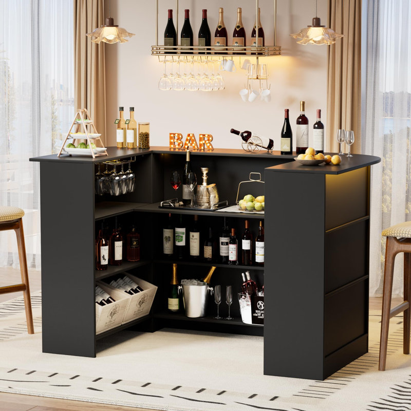 Bar moderne en forme de U à 3 niveaux avec lumières DEL et porte-verres à pied, noir, Black