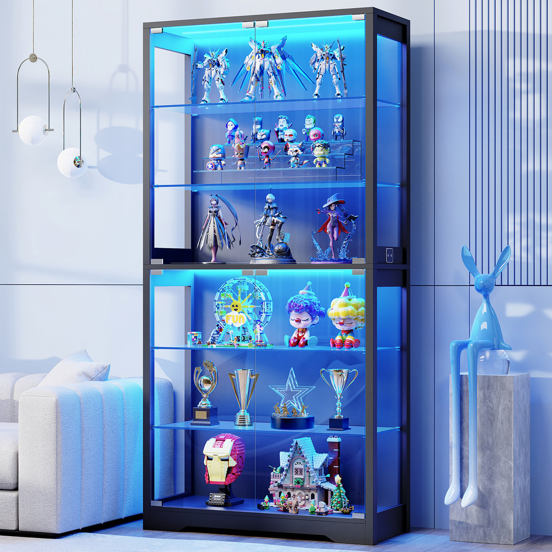 71" Display Cabinet with Glass Door, 6-Tier Curio Cabinet with 3 Color Lights