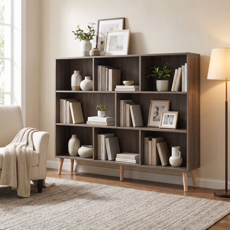 Jaen Solid and Manufactured Wood Cube Bookcase, Platinum Gray, (8 Shelves) 42.5" H x 55.1" W x 9.4" D