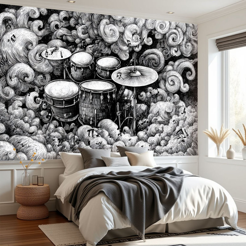 Papier peint adhésif mural noir et blanc Peel and Stick, 96" L x 69" W