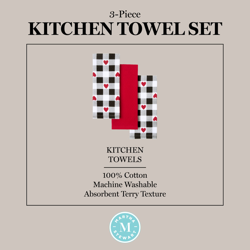 MARTHA STEWART Love Check Gingham Hearts Kitchen Towel Set Black/White/Red 16”x28”