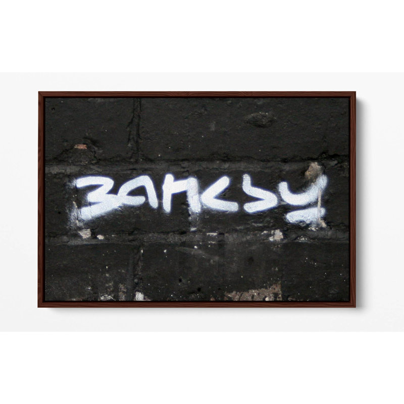 Banksy- Graffiti Signature Canvas Floater Print Picture Art - White Frame, 30.48 cm H x 45.72 cm W, Walnut