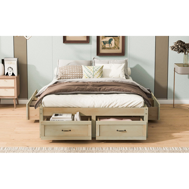 Lit plateforme avec 6 tiroirs de rangement, naturel antique, Lit double