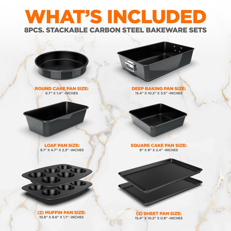 8-Piece Nonstick Stackable Bakeware Set - Pfoa, Pfos, Ptfe Free Baking Tray Set W/ Non-Stick Coating, 450°F Oven Safe, Round Cake, Loaf, Muffin, Wide/Square Pans, Cookie Sheet 
