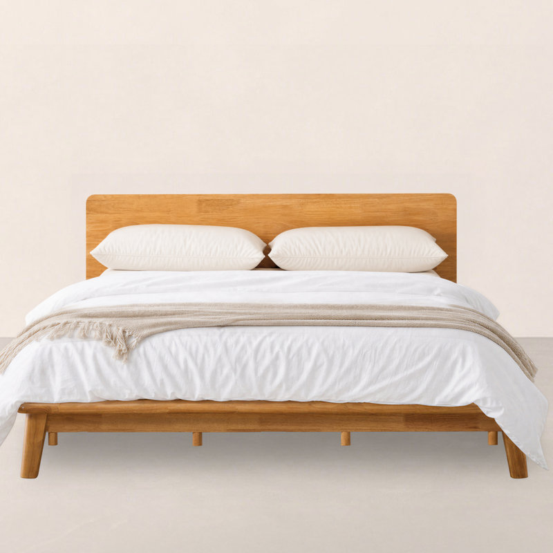 Lit japonais Queen, cadre de lit plateforme en bois d'hévéa massif avec sommier flottant discret, étagère de rangement et station de recharge intégrées, montage sans outil, style scandinave-japonais, chêne naturel