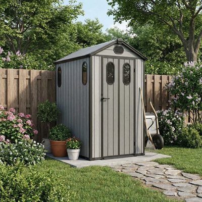 Outdoor Resin Storage Shed, Heavy-Duty Plastic Shed with Reinforced Floor, Windows & Mesh Vents, Lockable Door, Garden Shed