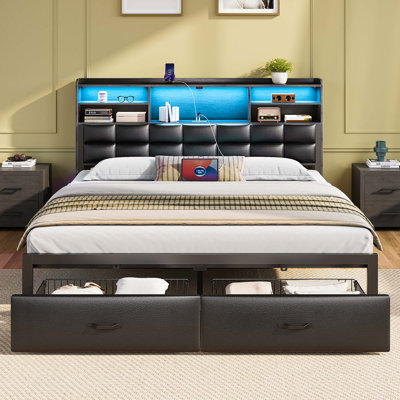 Bed Frame with Drawers and Headboard, Upholstered Storage Bed with Charging Station and LED Lights