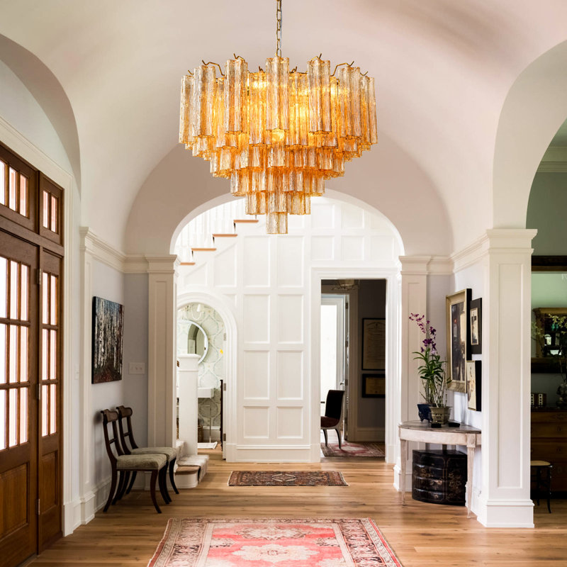 Lustre en cascade rond à 12 lumières avec tubes en verre texturé ambré et transparent, H 21,65 po x l 26,77 po x P 26,77 po