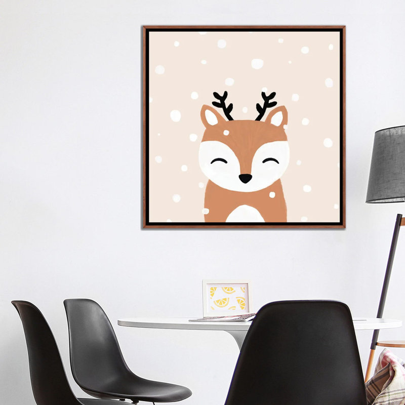 « Snow & Deer » par Orara studio, reproduction d’art, Toile avec cadre en bois brun classique, Pas de tapis