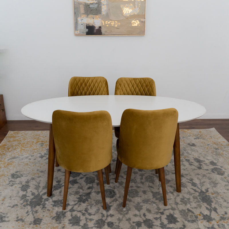 Ensemble de salle à manger ovale en bois massif pour 5 personnes avec chaises rembourrées en velours Gimpel, Blanc, Doré