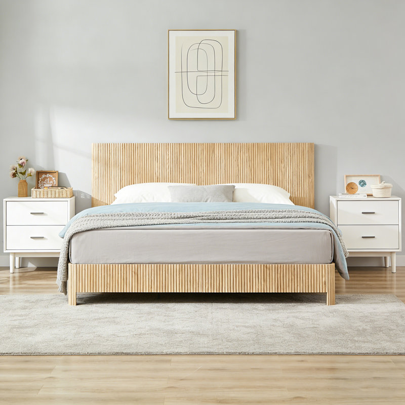 Structure de lit très grand en bois avec lignes courbes ondulées, sans sommier tapissier (chêne), Chêne
