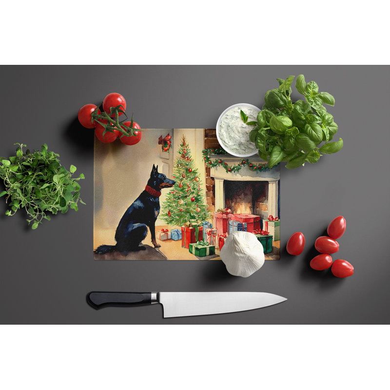Australian Kelpie Cozy Christmas Glass Cutting Board Large