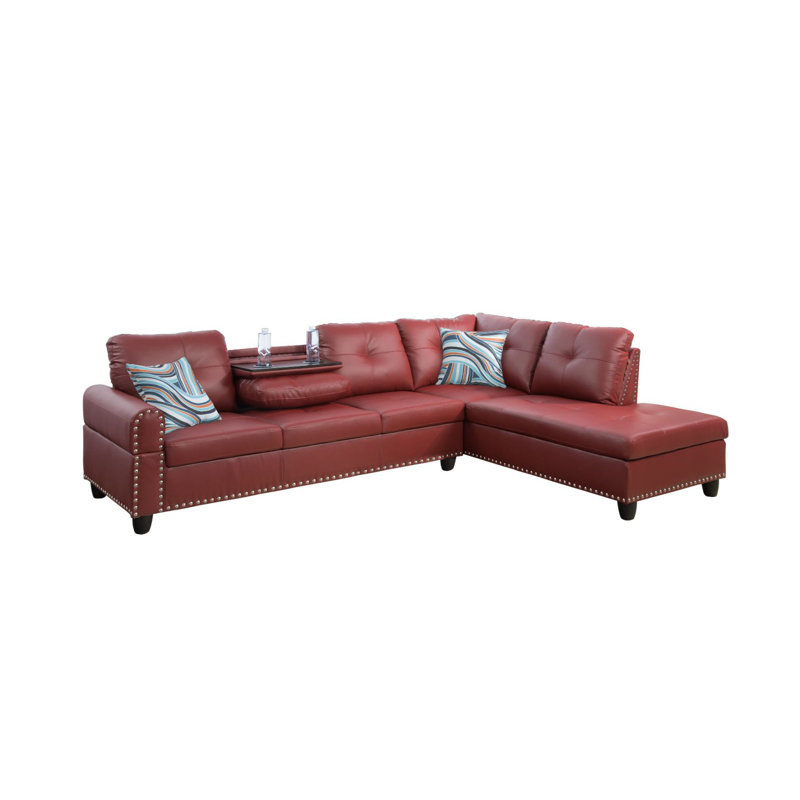 Mascotte Upholstered L-Shaped Sectional, Red Faux Leather, Right Hand Facing