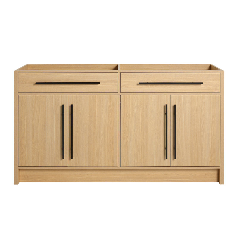 Armoire de meuble-lavabo à double cuve 58 11/16 po - Finition chêne clair avec tablettes réglables, portes à fermeture douce et poignées en métal (poignée noire)